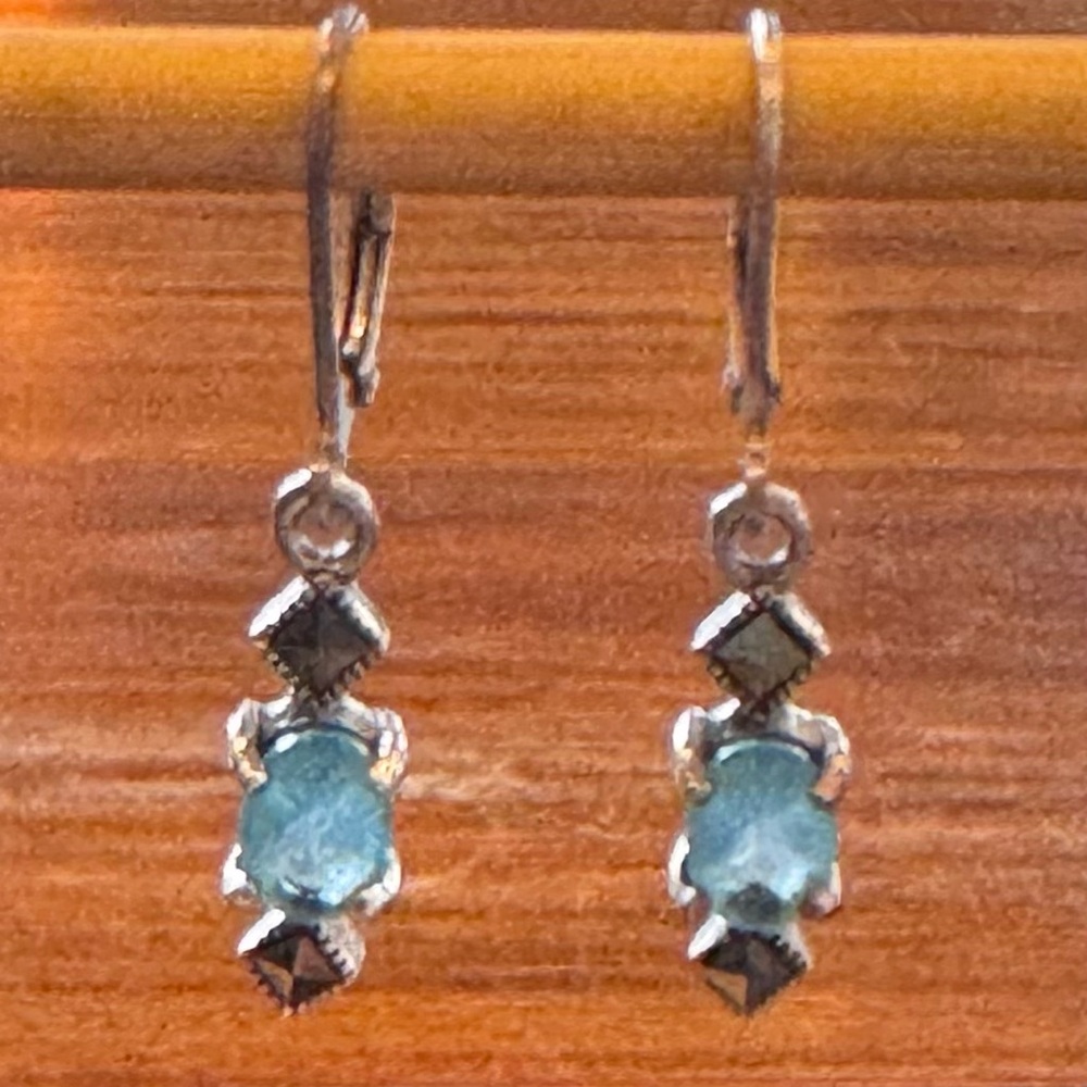 Sterling Silver Earrings Gemstone Blue Topaz Marcasite Dangle
